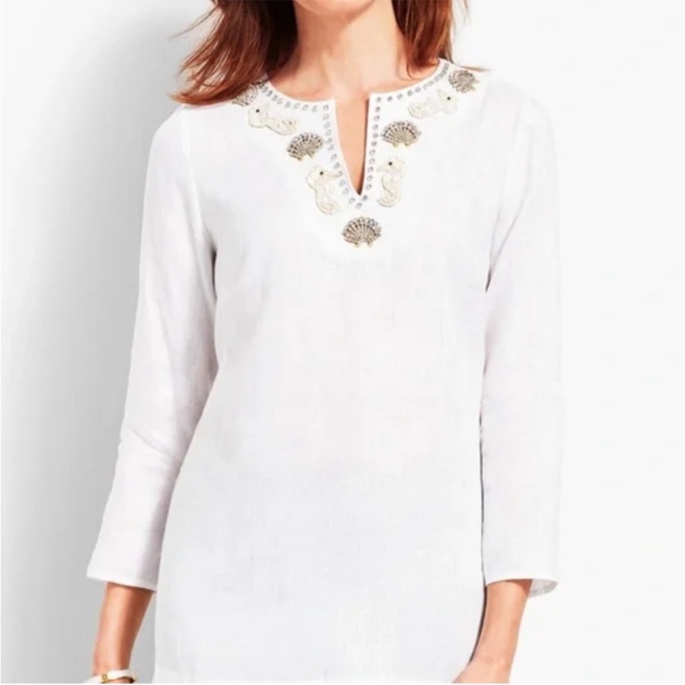 Talbots BEADED TUNIC-SEASHELL AND SEAHORSE Blouse. Size M. 100% linen.